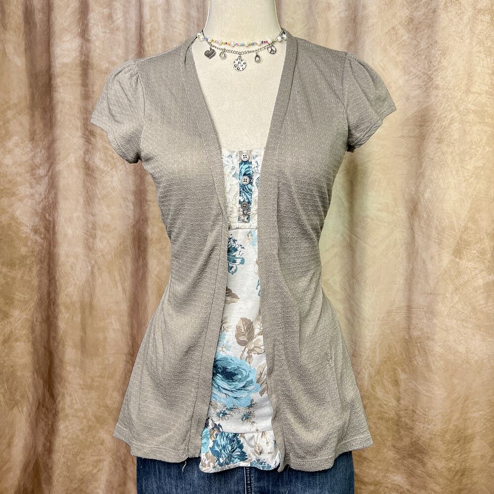 Vintage Y2K Layered Cardigan Top Floral Lace Short Sleeve Boho Coquette Folk